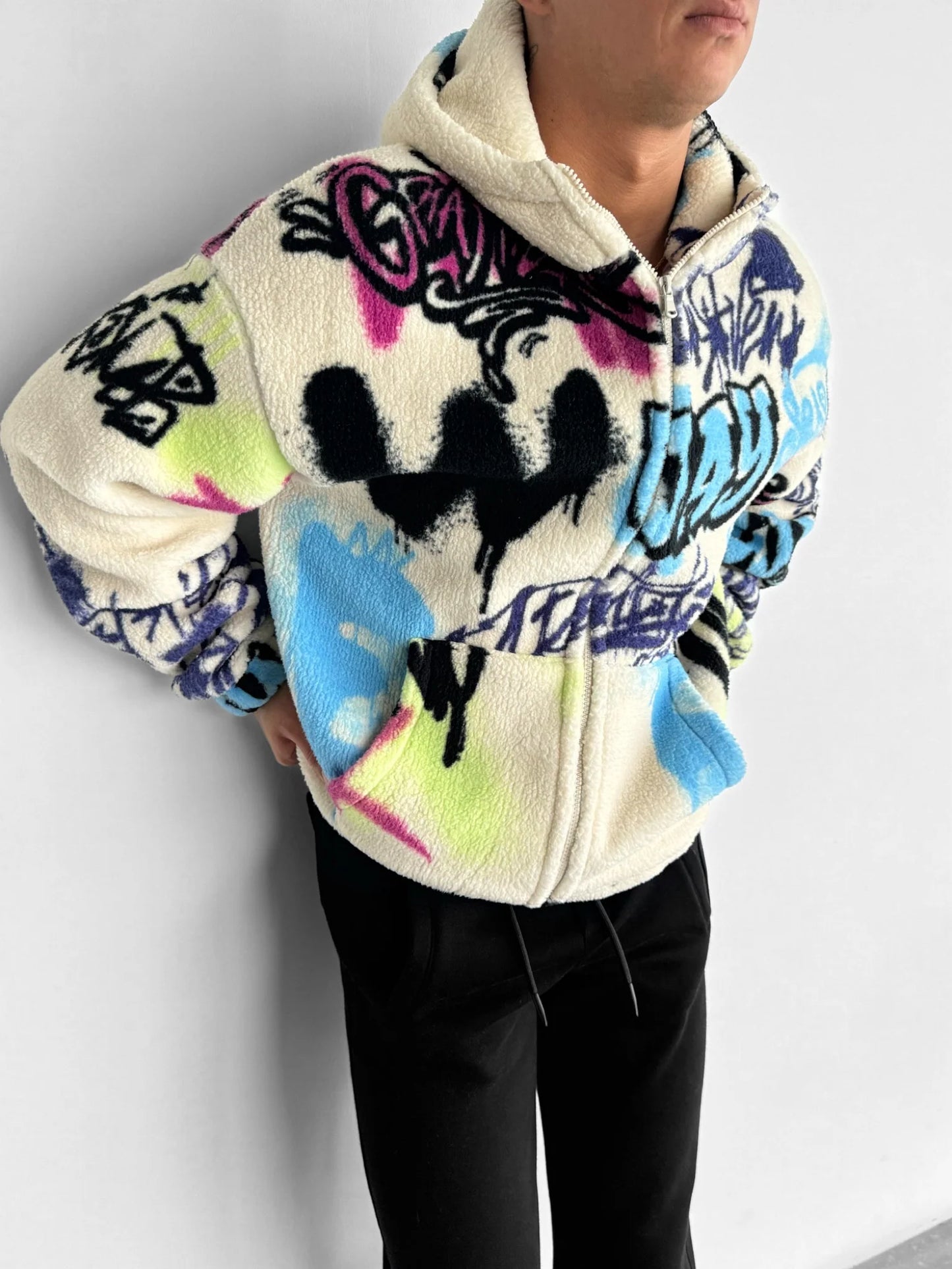 BEIGE OVERSIZE GRAFFITI PLUSH ZIPPER JACKET