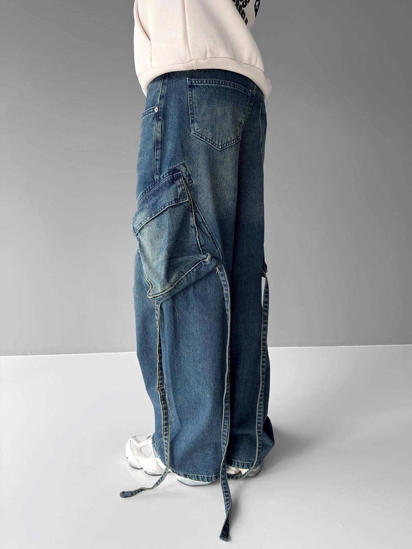 Blue Baggy Fit String Cargo Jeans