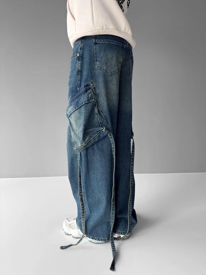 Blue Baggy Fit String Cargo Jeans