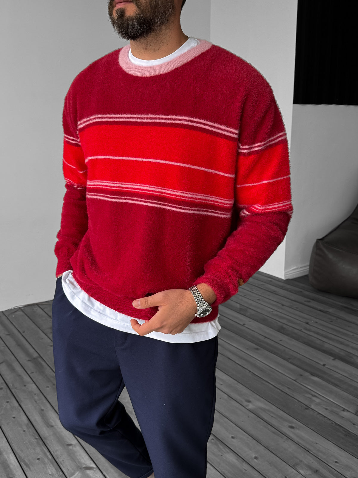 CLARET RED STRIPED WOOL SWEATSHIRT