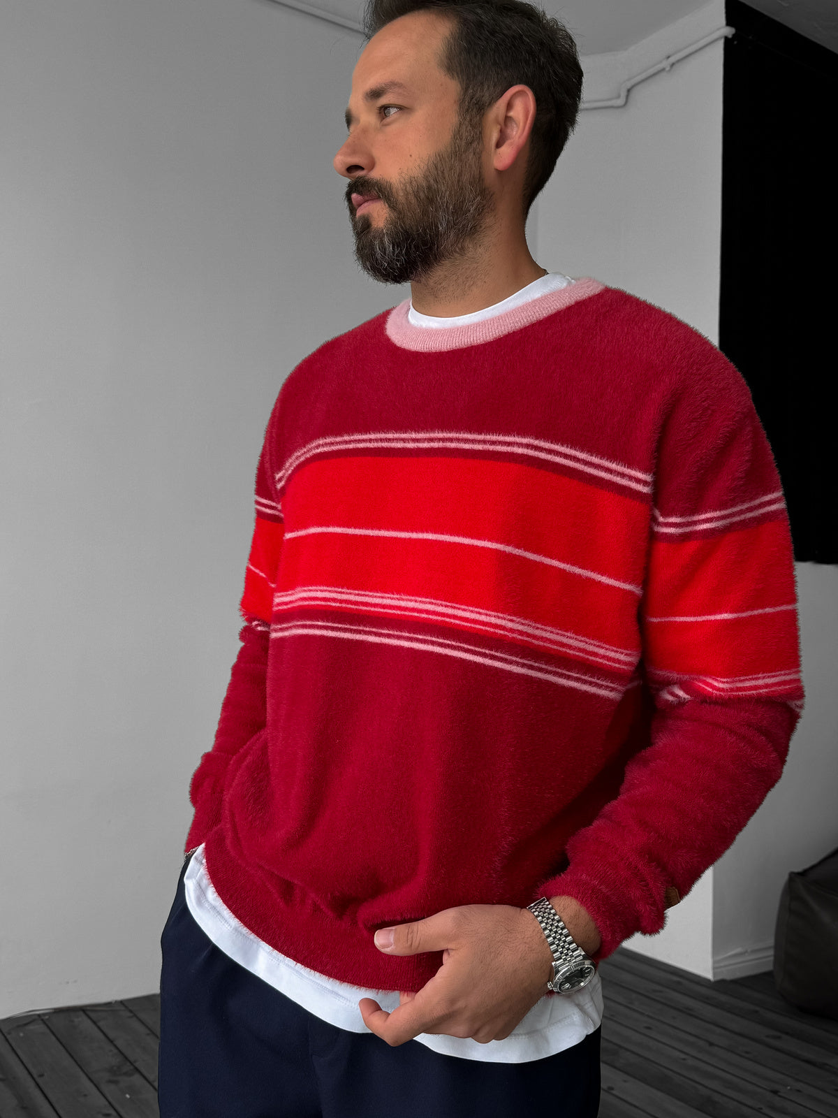 CLARET RED STRIPED WOOL SWEATSHIRT