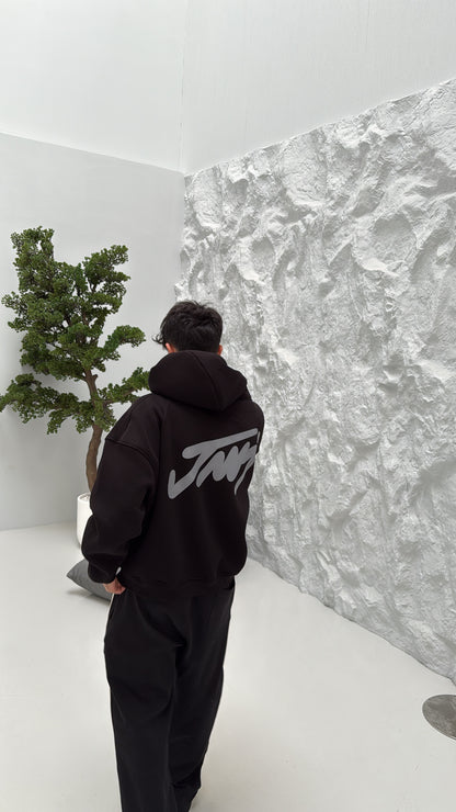 BLACK BASIC PRINTED HOODIE