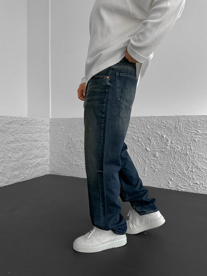 Navy Blue Effect Washed Baggy Jeans
