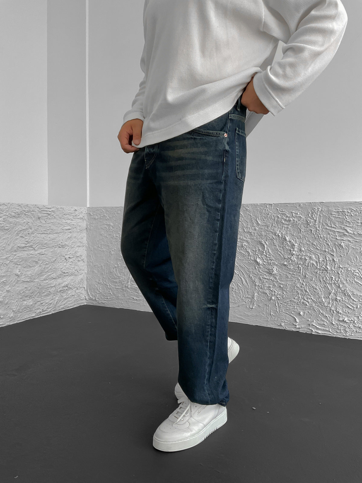 Navy Blue Effect Washed Baggy Jeans