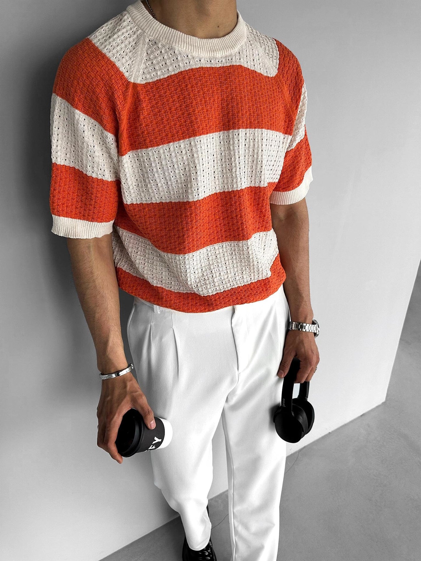 ORANGE PATTERNED KNITTED T-SHIRT