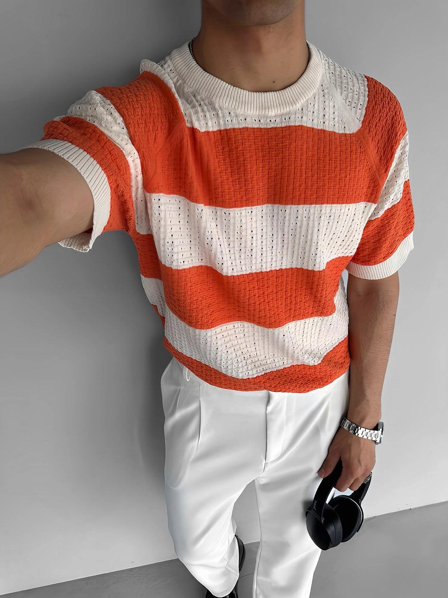 ORANGE PATTERNED KNITTED T-SHIRT