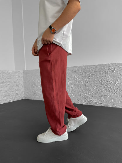 Dried Rose Stitched Linen Baggy Trousers