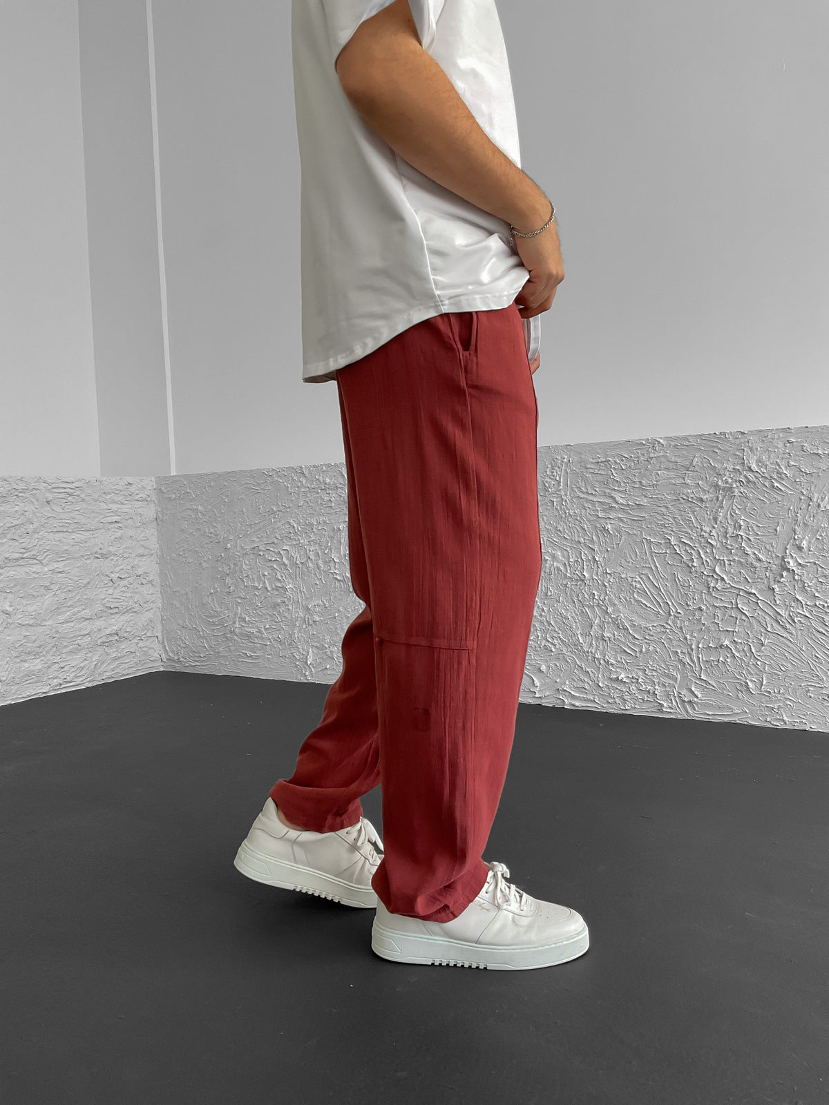 Dried Rose Stitched Linen Baggy Trousers