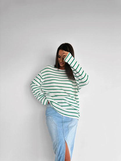 Green Oversize Strip Knit Sweater