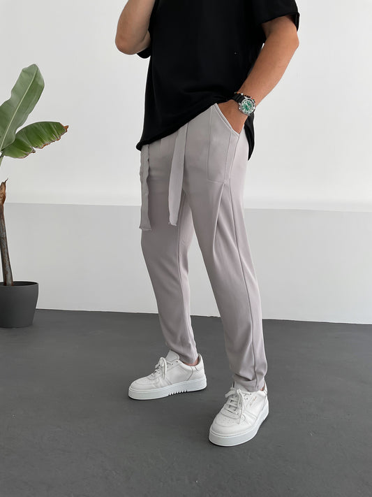 Grey Ribbed Belt Trousers