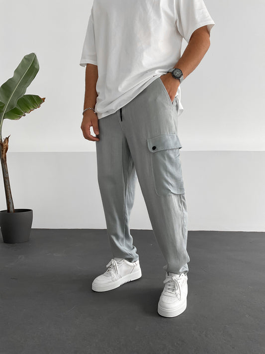 Grey Pocket Detailed Linen Trousers