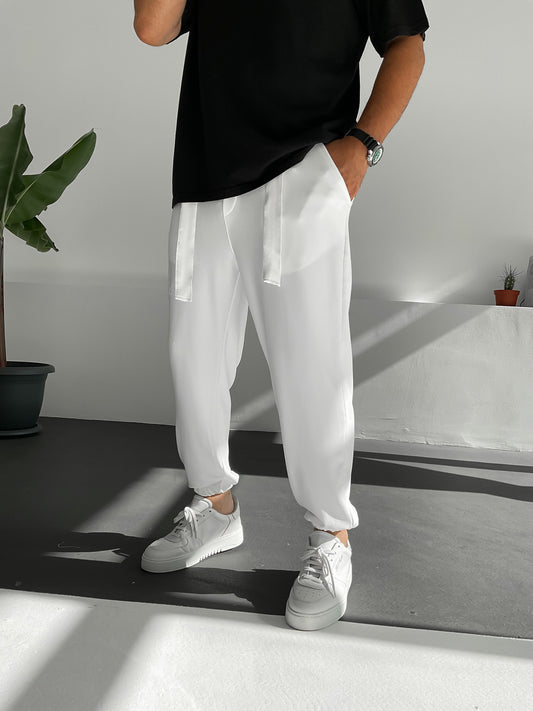 White Ribbed Belt Trousers