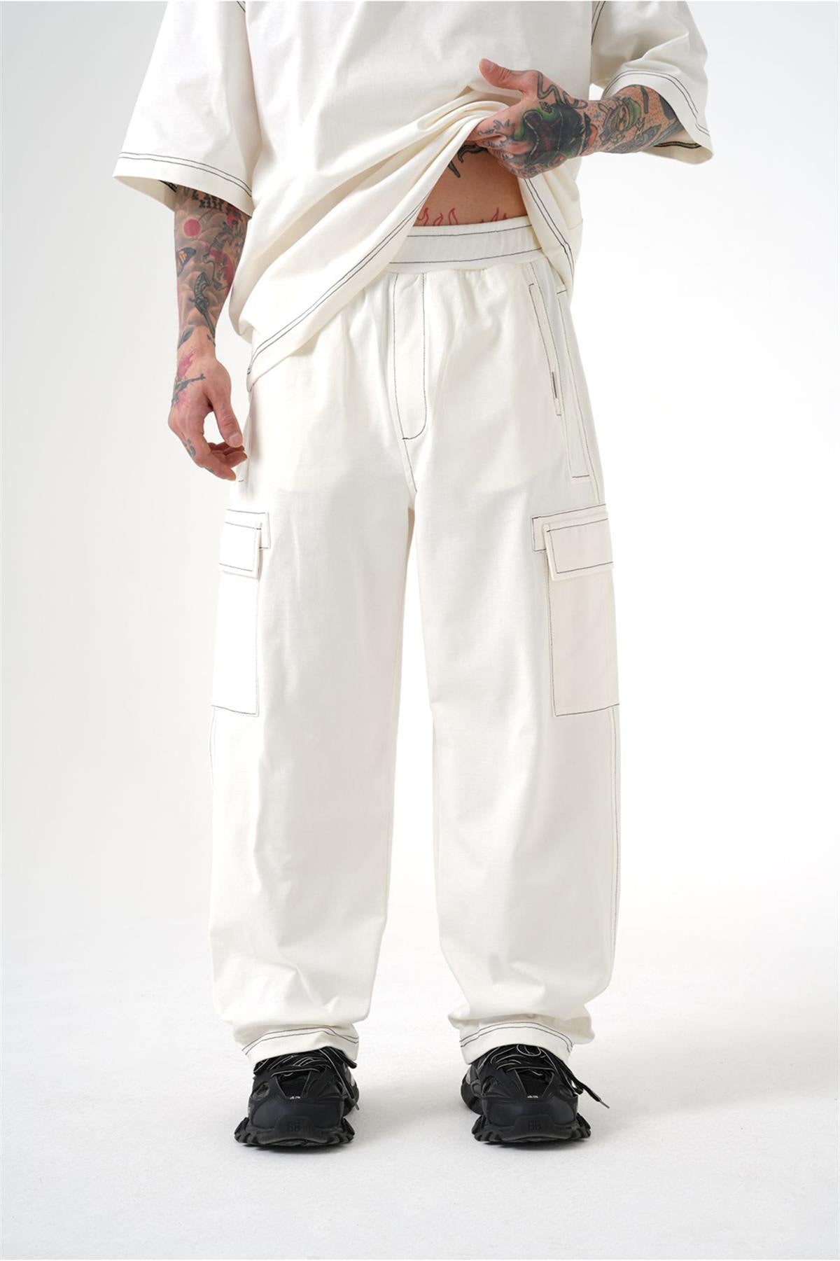 White Sewed Cargo Pants
